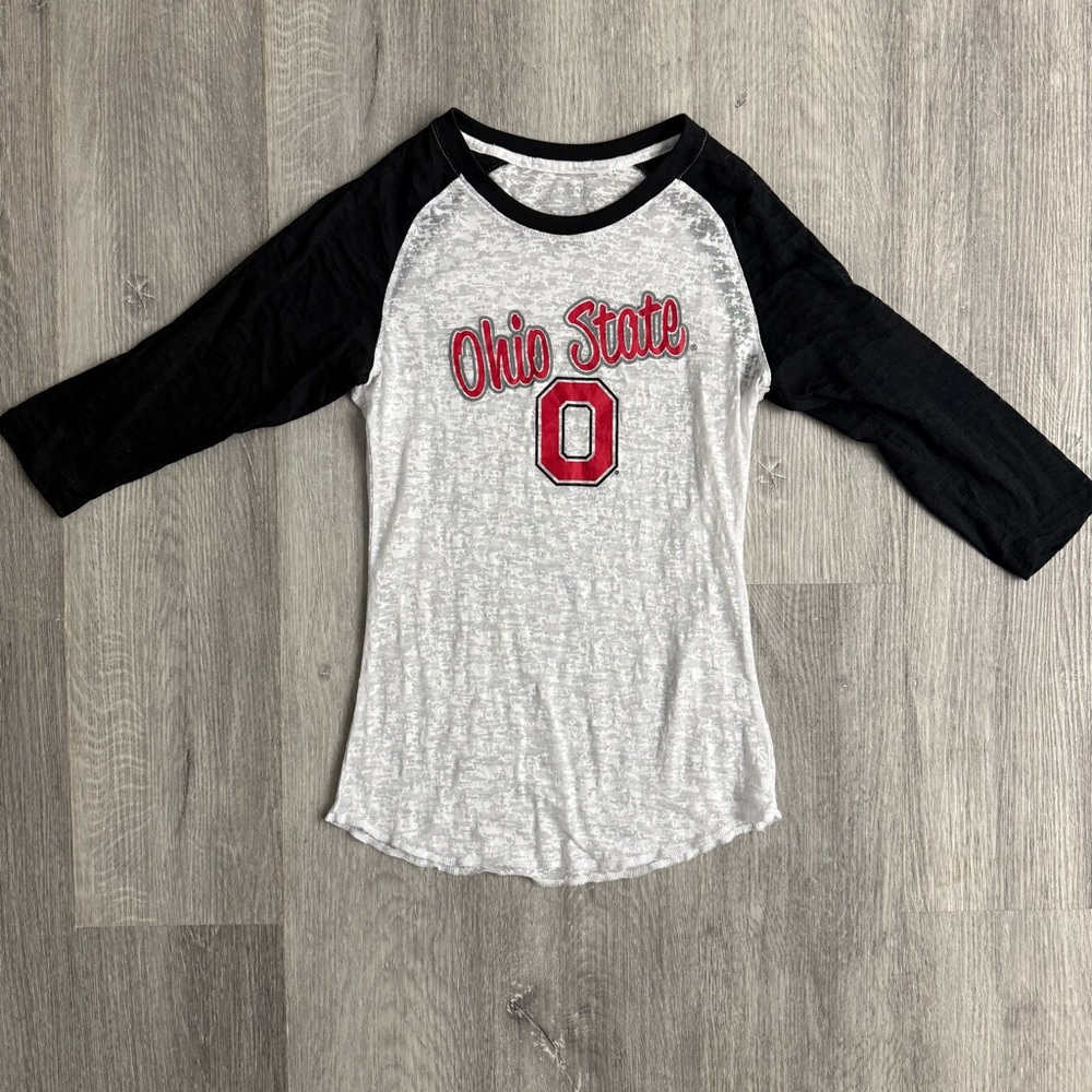 Ohio State Women’s Raglan Shirt - Black, White and Red.